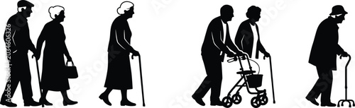 Bild auf Leinwand Silhouette collection of elderly individuals walking with canes, quad cane, and