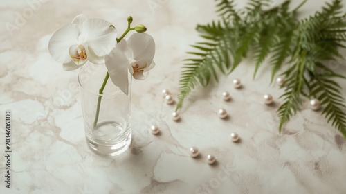 Elegant single white orchid branch flower inside glass vase with pearls in bright minimalist luxury flat lay photography style on white marble background for wedding invitation spa cosmetic card