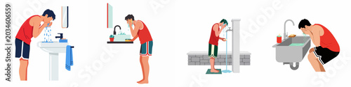 Foto Vector illustration set of a young man washing his face in various indoor and outdoor sink settings