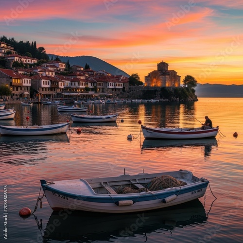 Vibrant Sunset over Ohrid Lake with Traditional Boats and Historic Architecture.