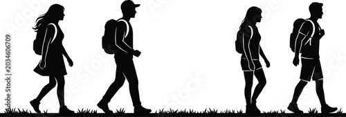 фотографія Silhouette group of hikers walking together outdoors with backpacks representing