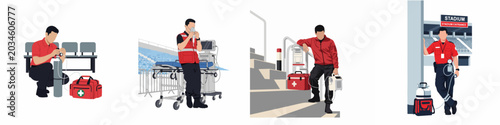 Quadro su tela A series of four illustrations depicting a paramedic in a red uniform providing medical assistance and emergency services at a sports stadium