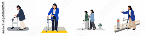 Fotografie Flat illustration set of elderly women using walking frames and receiving assistance from a caregiver for mobility and rehabilitation