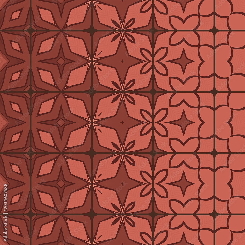 Fototapeta premium A red background with a pattern of stars and flowers. The stars are in different sizes and are scattered throughout the image