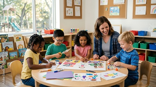 Smiling teacher and diverse group of young children doing art and craft activities at a round table in a bright preschool classroom.