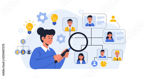 A person using a magnifying glass to analyze an organizational chart with connected employee profiles, gears, and lightbulb icons, representing human resources management and team building.