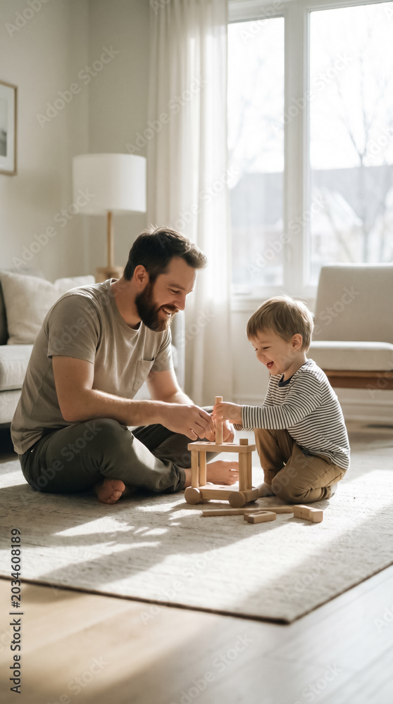 Fototapeta premium Happy father and small son playing with wooden blocks on floor