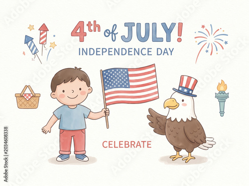 Sweet cartoon boy with flag next to a friendly bald eagle