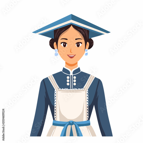 Woman in Traditional Blue and White Apron and Hat