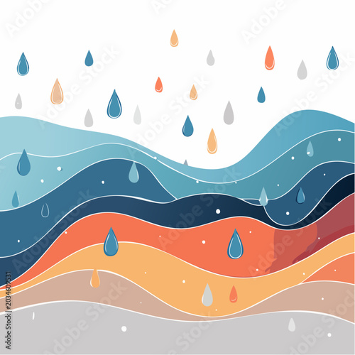 Abstract Rainy Landscape with Wavy Layers and Falling Drops