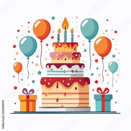 Birthday Celebration Cake with Balloons and Gifts