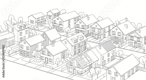 Suburban neighborhood houses in isometric line art style