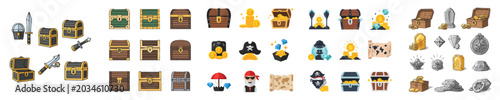 Bild auf Leinwand Treasure Chest Adventure Pirate Gold Flat Design Vector Collection