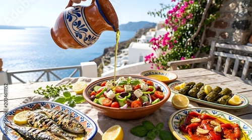 Delicious Mediterranean cuisine served on a sunny terrace overlooking the Aegean Sea, showcasing fresh Greek salad, grilled fish, and traditional olive oil