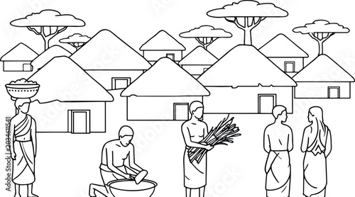 Bild auf Leinwand African village scene coloring page with people and traditional huts line art il