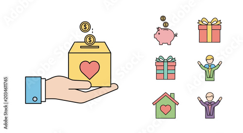 Photography Hand holding donation box with heart.
