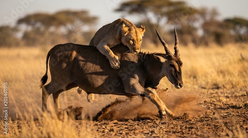 Konstfotografi lioness attacking an eland in the african savanna