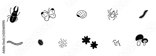 生きものいろいろ_昆虫＆土中の生物_生態系,土中環境,生態系ピラミッド_線画｜insects & soil organisms_ecosystem, soil environment, ecological pyramid_Line Art