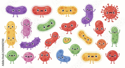 Canvas Print Collection of colorful cartoon bacteria and virus characters with happy faces