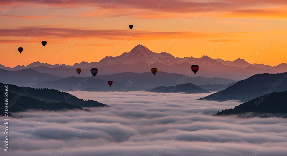 Fototapeta premium Sunrise Hot Air Balloons Over Misty Mountain Peaks.