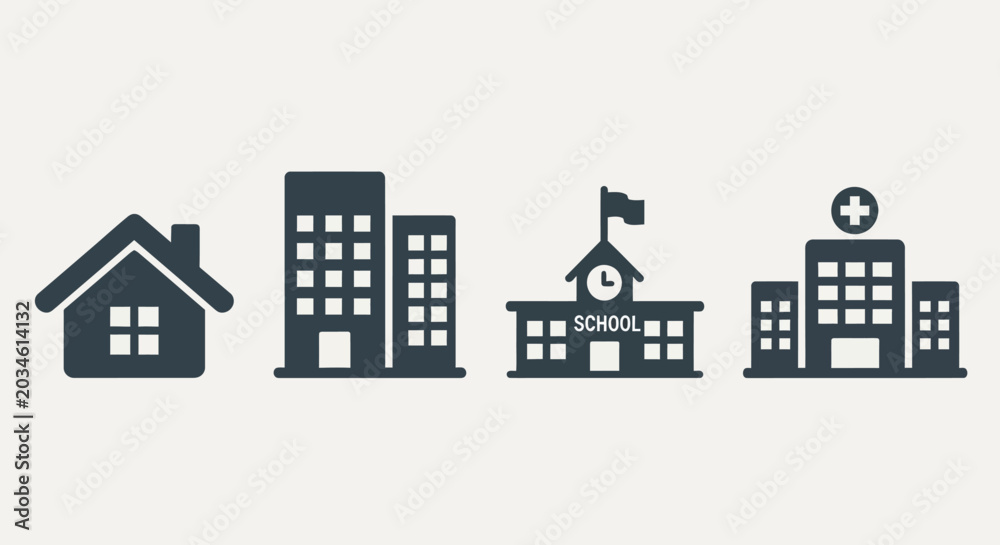 Naklejka premium Collection of diverse building icons representing different institutions.