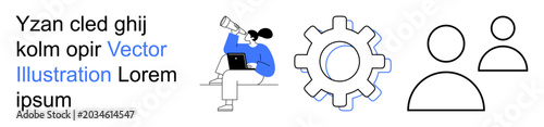 Teamwork, innovation, collaboration, technology development, human resources, leadership. Person working on a laptop with gears and people icons. Teamwork and innovation