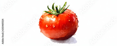 A single, ripe, red tomato with water droplets, isolated on a white background, showcasing its fresh, natural, and healthy qualities, perfect for culinary or health-conscious themes