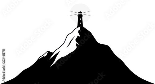 Foto Silhouette Lighthouse on Mountain Peak Guiding Light