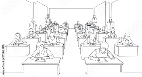 Fotografía Students taking exam in classroom, teacher supervising