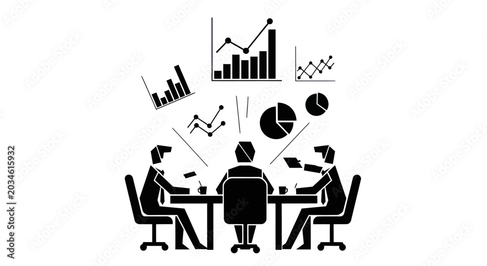 Fototapeta premium Business meeting with data analytics, charts and graphs illustration