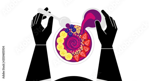Bilde på lerret Hand pouring vibrant acai bowl with fruits, healthy breakfast, top view