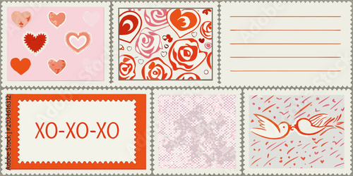 Canvastavla Collection Of Love themed Stamps And Letter Paper Vector Illustration