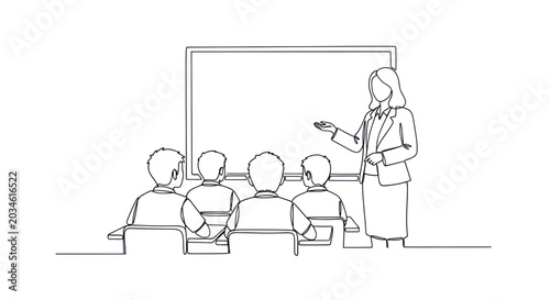 Photos Teacher instructing students in a classroom with whiteboard, line art illustration
