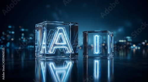 Striking digital representation of Artificial Intelligence with glowing blue 'AI' letters encapsulated in futuristic glass cubes, symbolizing advanced technology and innovation
