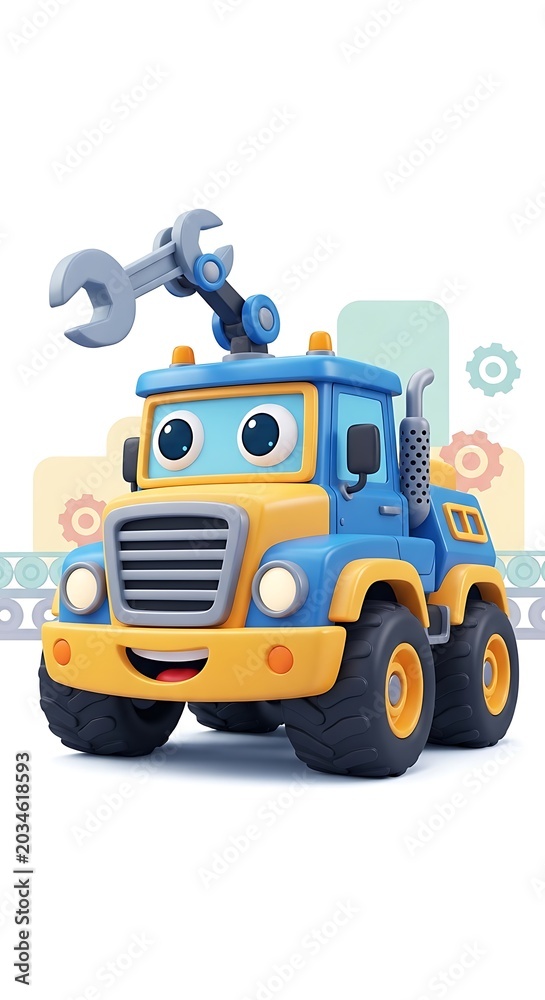 Naklejka premium Yellow toy truck with blue teddy bear driver on white background.