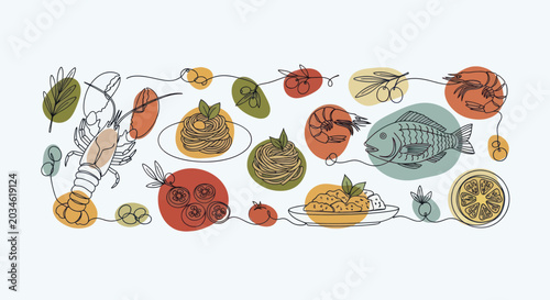 Tableau sur toile Delicious Seafood and Pasta Dishes with Fresh Ingredients.