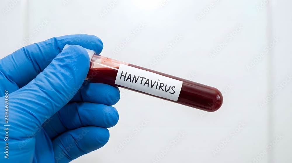 Naklejka premium Medical professional holds a blood sample tube labeled 'Hantavirus' in a laboratory setting