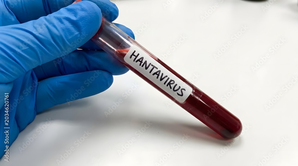 Obraz premium Medical research scientist in blue glove holding a test tube with blood sample labeled HANTAVIRUS