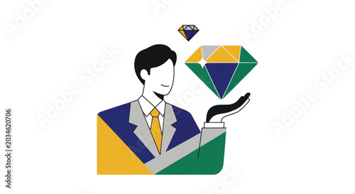 Businessman holding precious diamond, concept of wealth and success, geometric design