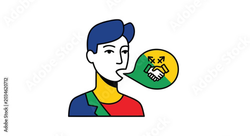 Man speaking about partnership and agreement with handshake icon in speech bubble