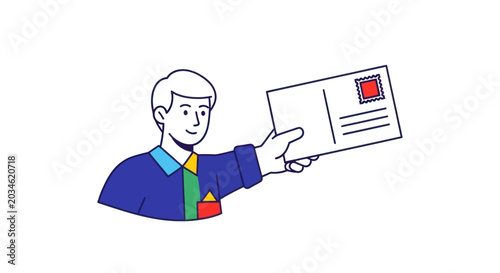 Man holding a postcard, postal service, sending mail, happy delivery