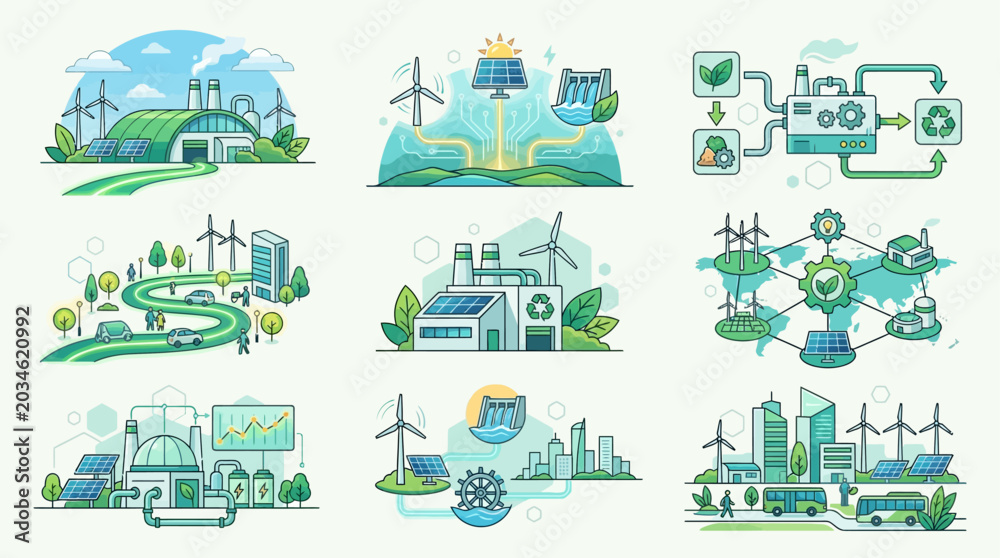 Naklejka premium Smart Renewable Factory Systems Featuring Connected Sustainable Production Arrangements and Futuristic Green Industry Networks Representing Modern Eco Technology Concept