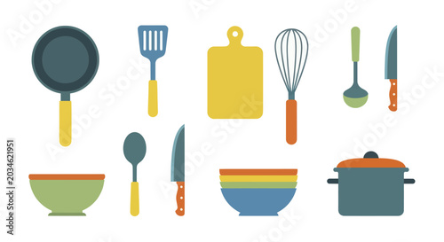 Bild auf Leinwand Essential kitchen utensils and cookware set for home cooking.