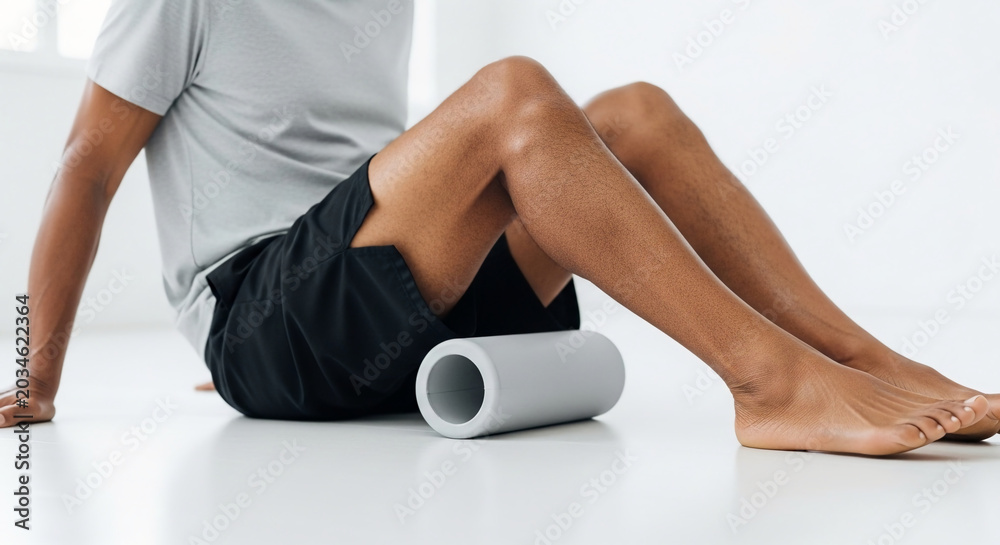 Fototapeta premium Athletic man using a foam roller for muscle recovery and leg massage in a bright white studio, myofascial release for hamstring and athletic wellness.
