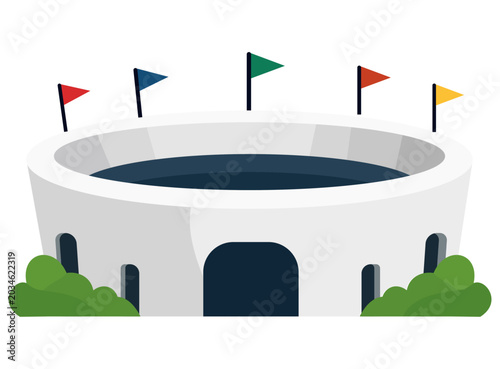 Minimalist stadium vector illustration with colorful flags and green bushes. Perfect for sports, arena, and event design concepts.