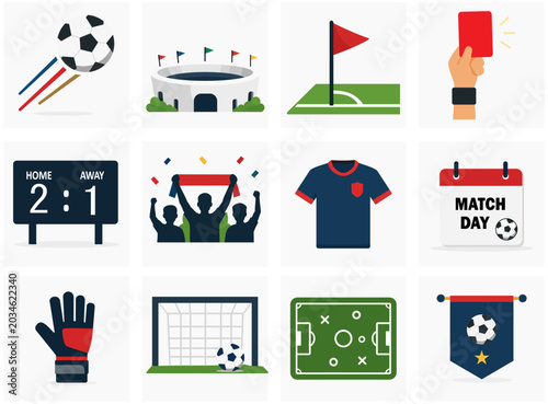 Obraz na plátne Flat football icon set featuring a stadium, jersey, scoreboard, ball, tactics board, and red card