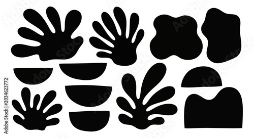 Abstract organic shapes and cutouts in black, reminiscent of Matisses paper cutouts.