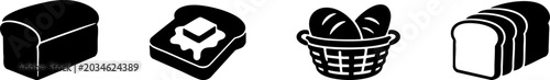 Four black and white icons of bread: a loaf, a slice with butter, a basket of rolls, and sliced bread.