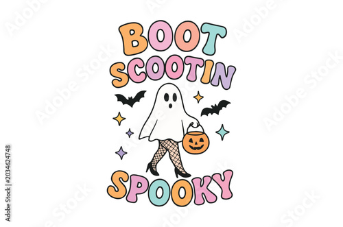 Quadro su tela Ghost and pumpkin illustration with text pastel color scheme