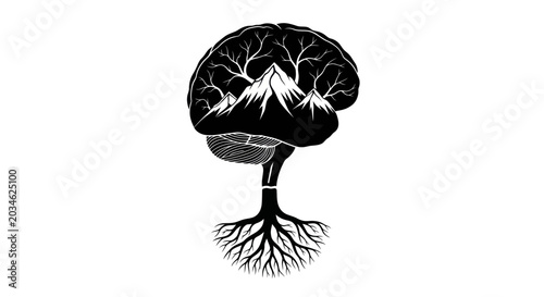Konstfotografi Mind Tree: Brain with Mountain Landscape and Roots, Symbolizing Growth, Nature,
